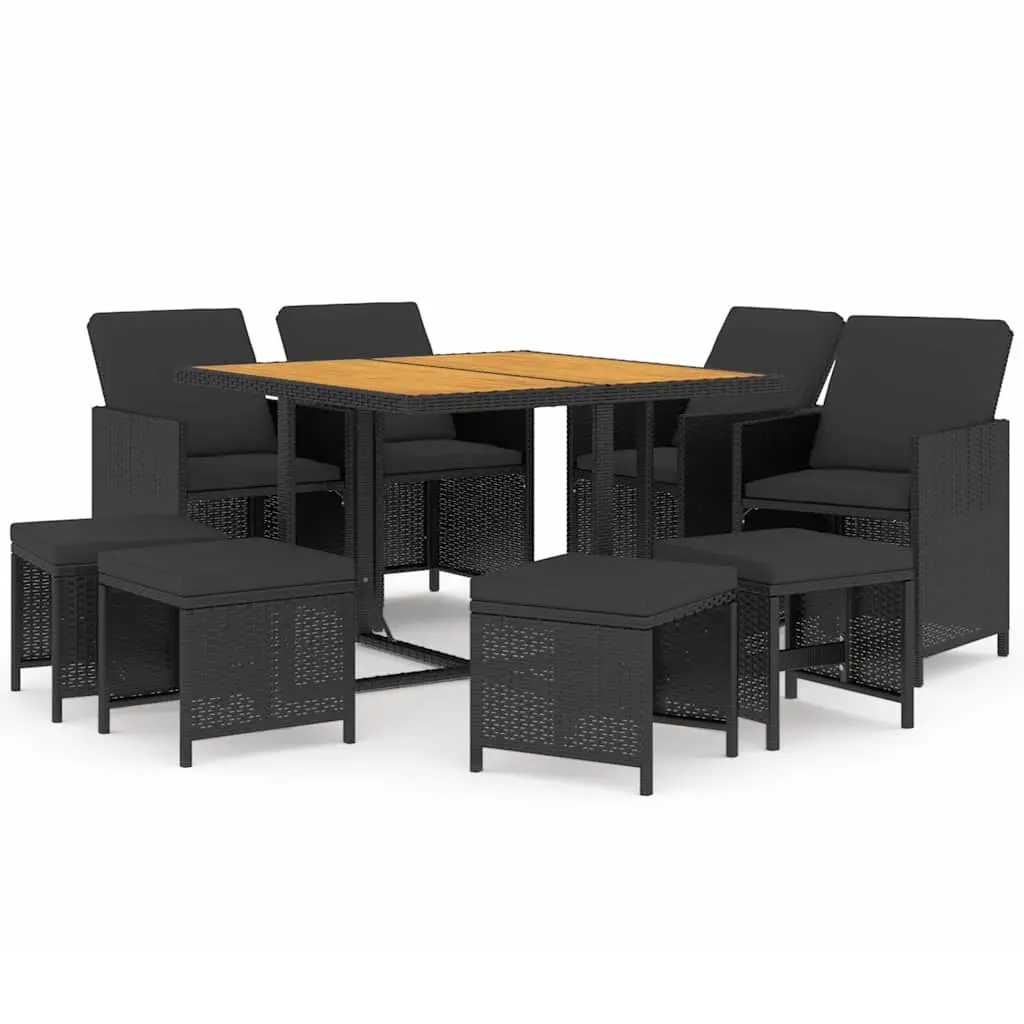 9 Piece Garden Dining Set with Cushions Poly Rattan Black 3095523 - Furniture
