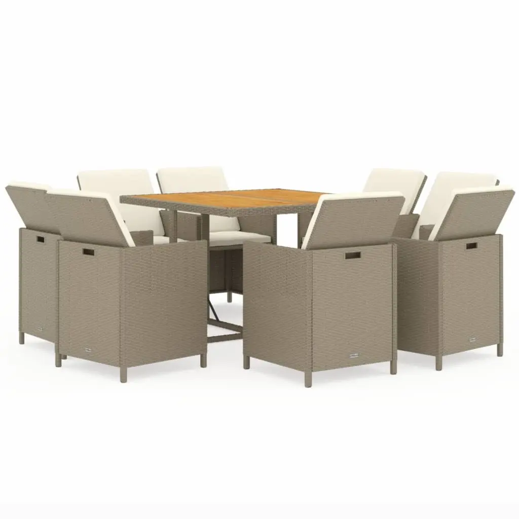 9 Piece Garden Dining Set with Cushions Poly Rattan Beige 3095528 - Furniture