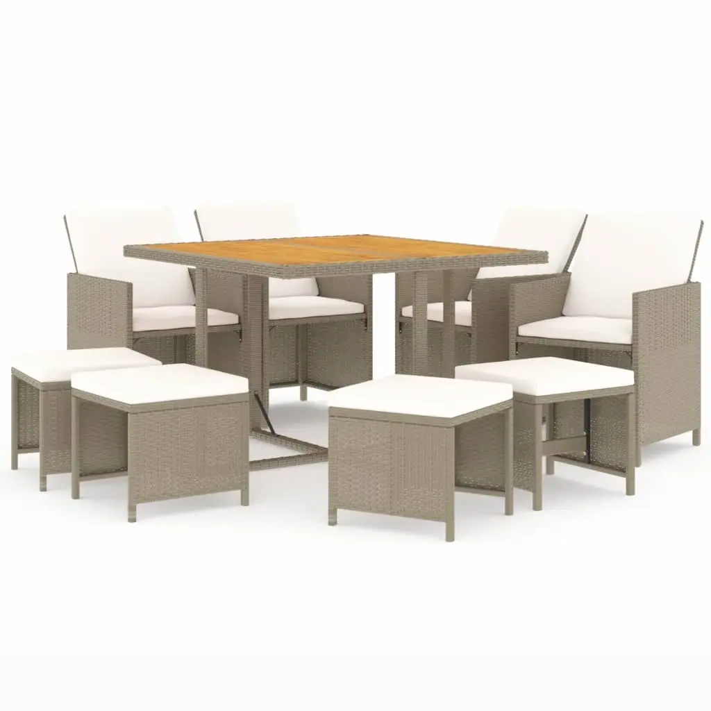 9 Piece Garden Dining Set with Cushions Poly Rattan Beige 3095529 - Furniture