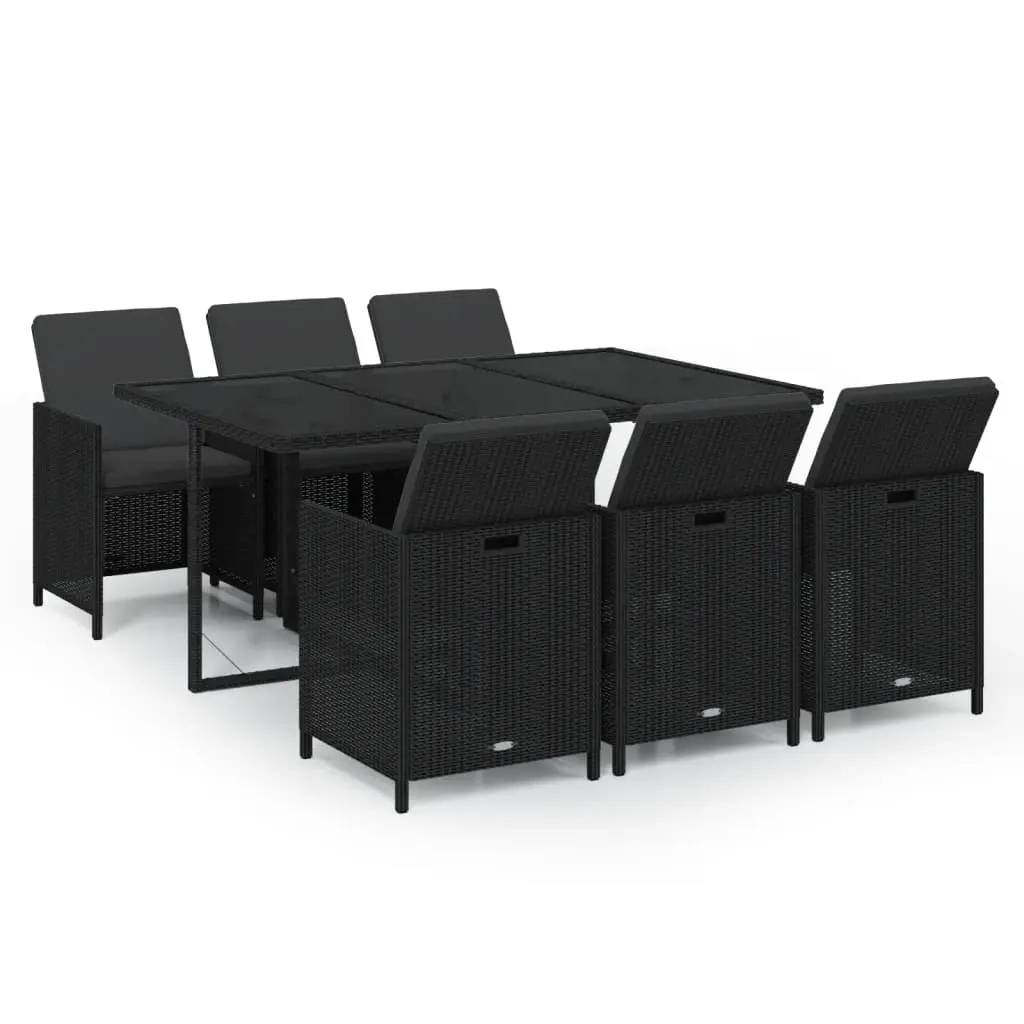 7 Piece Garden Dining Set with Cushions Poly Rattan Black 3095531 - Furniture