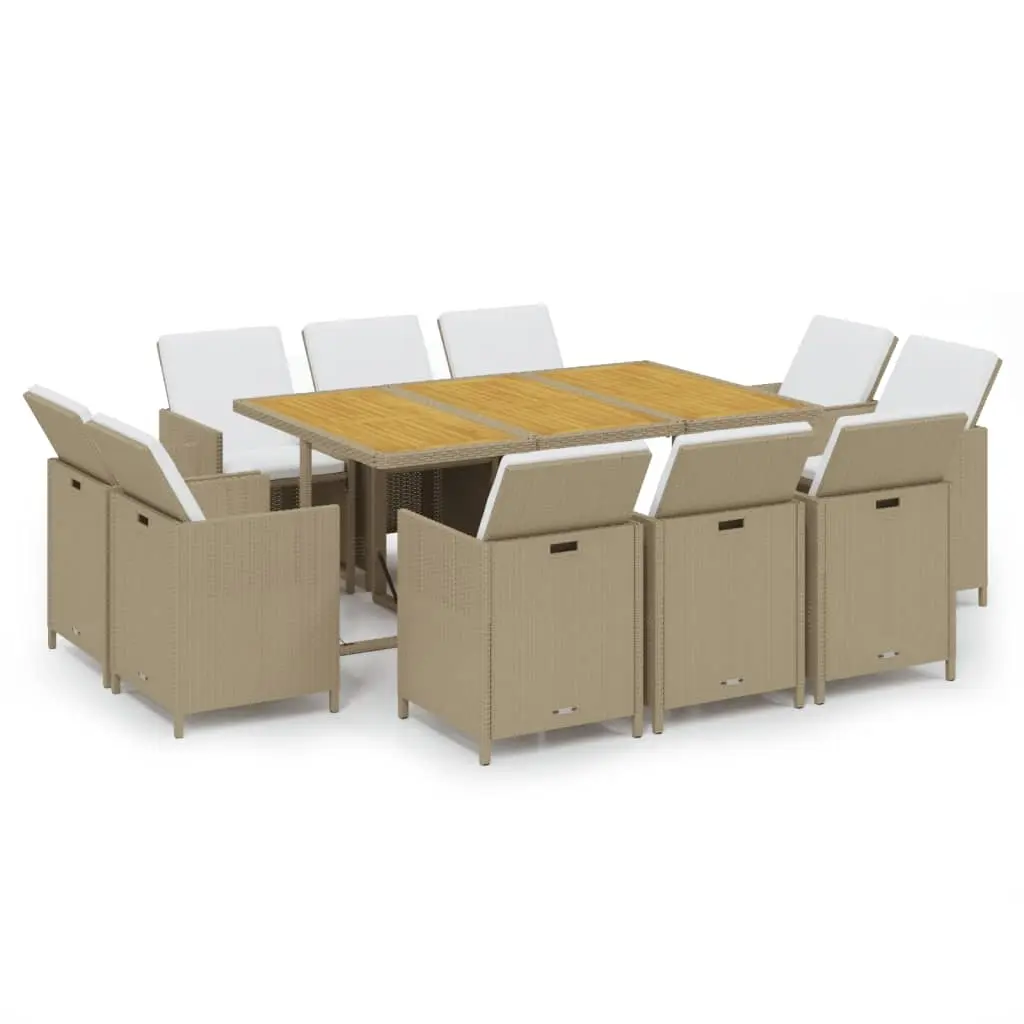 11 Piece Garden Dining Set with Cushions Poly Rattan Beige 3095555 - Furniture