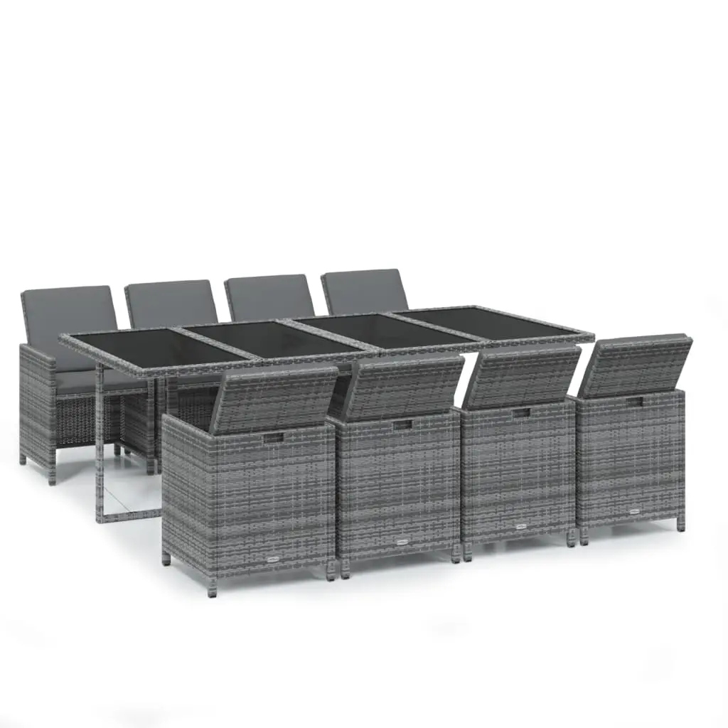 9 Piece Garden Dining Set with Cushions Poly Rattan Grey 3095563 - Furniture