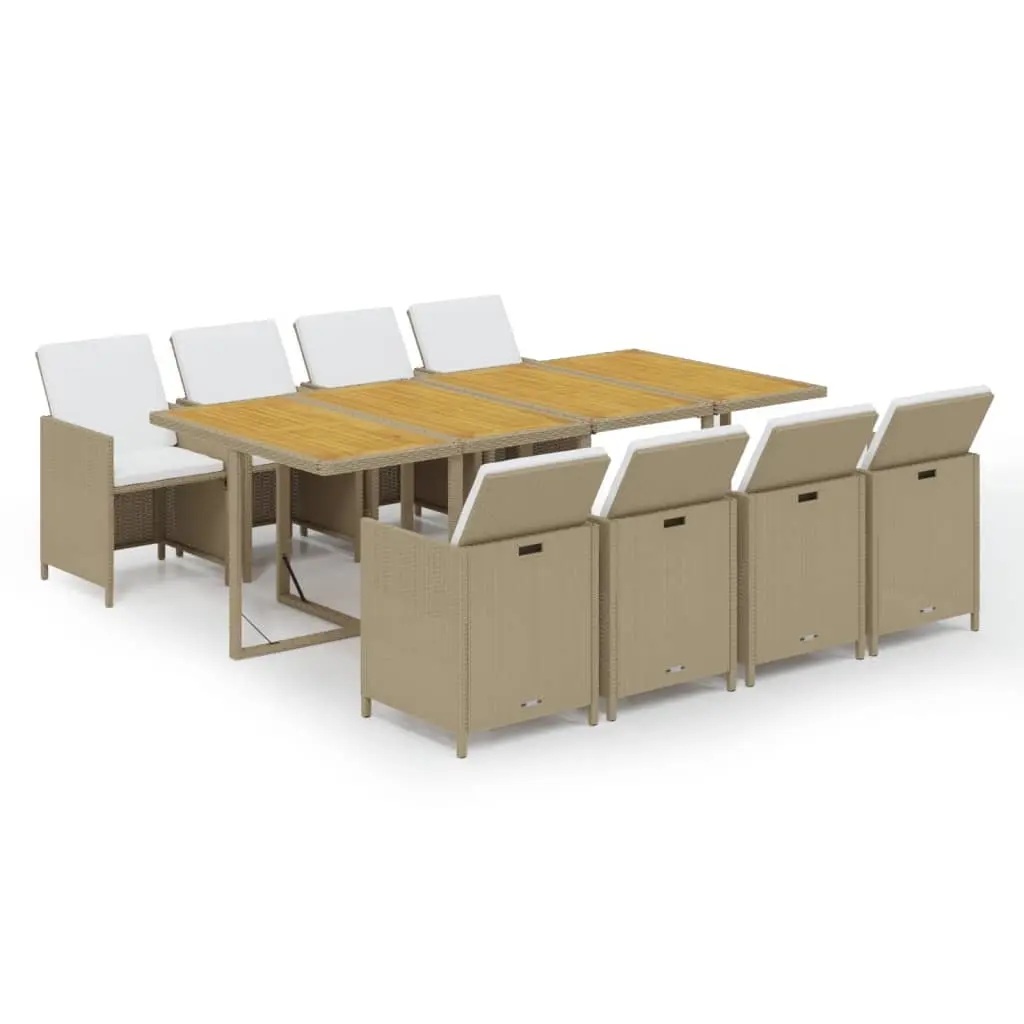 9 Piece Garden Dining Set with Cushions Poly Rattan Beige 3095581 - Furniture