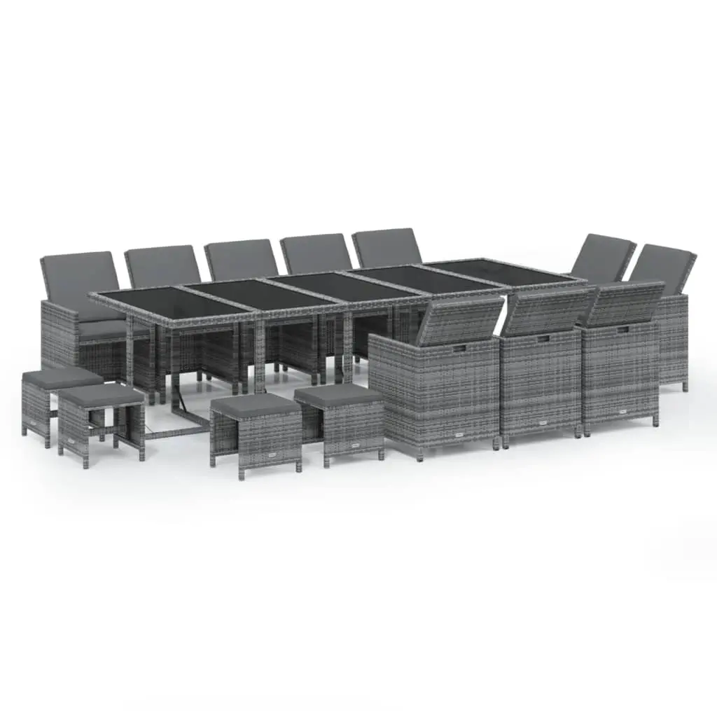 15 Piece Garden Dining Set with Cushions Poly Rattan Grey 3095592 - Furniture