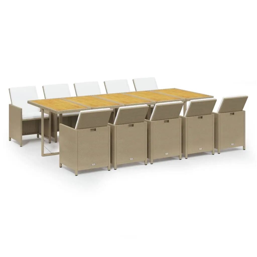 11 Piece Garden Dining Set with Cushions Poly Rattan Beige 3095608 - Furniture