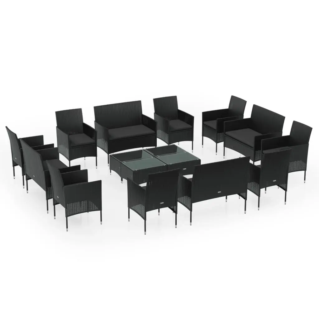 16 Piece Garden Lounge Set with Cushions Poly Rattan Black 3095954 - Furniture