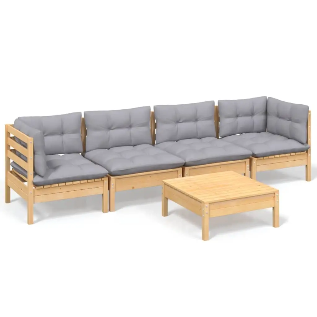 5 Piece Garden Lounge Set with Grey Cushions Solid Pinewood 3096153 - Furniture