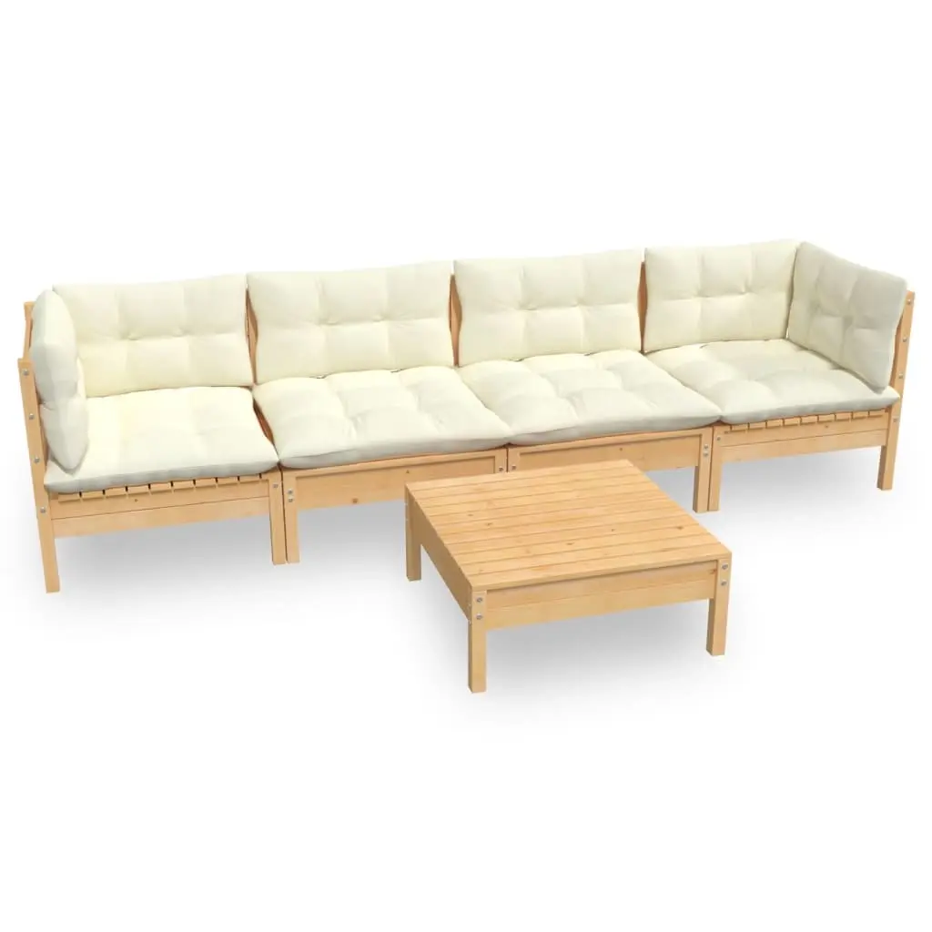 5 Piece Garden Lounge Set with Cream Cushions Solid Pinewood 3096154 - Furniture