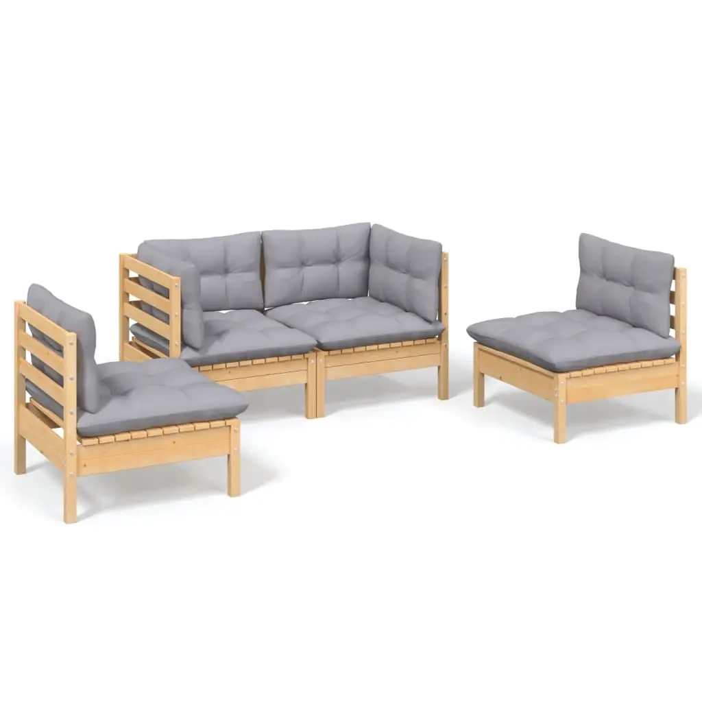4 Piece Garden Lounge Set with Grey Cushions Solid Pinewood 3096171 - Furniture