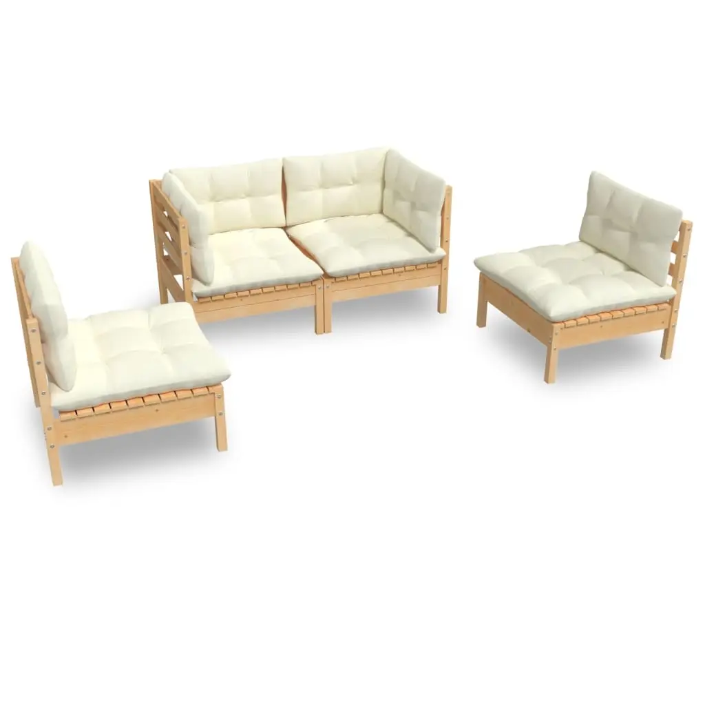 4 Piece Garden Lounge Set with Cream Cushions Solid Pinewood 3096172 - Furniture