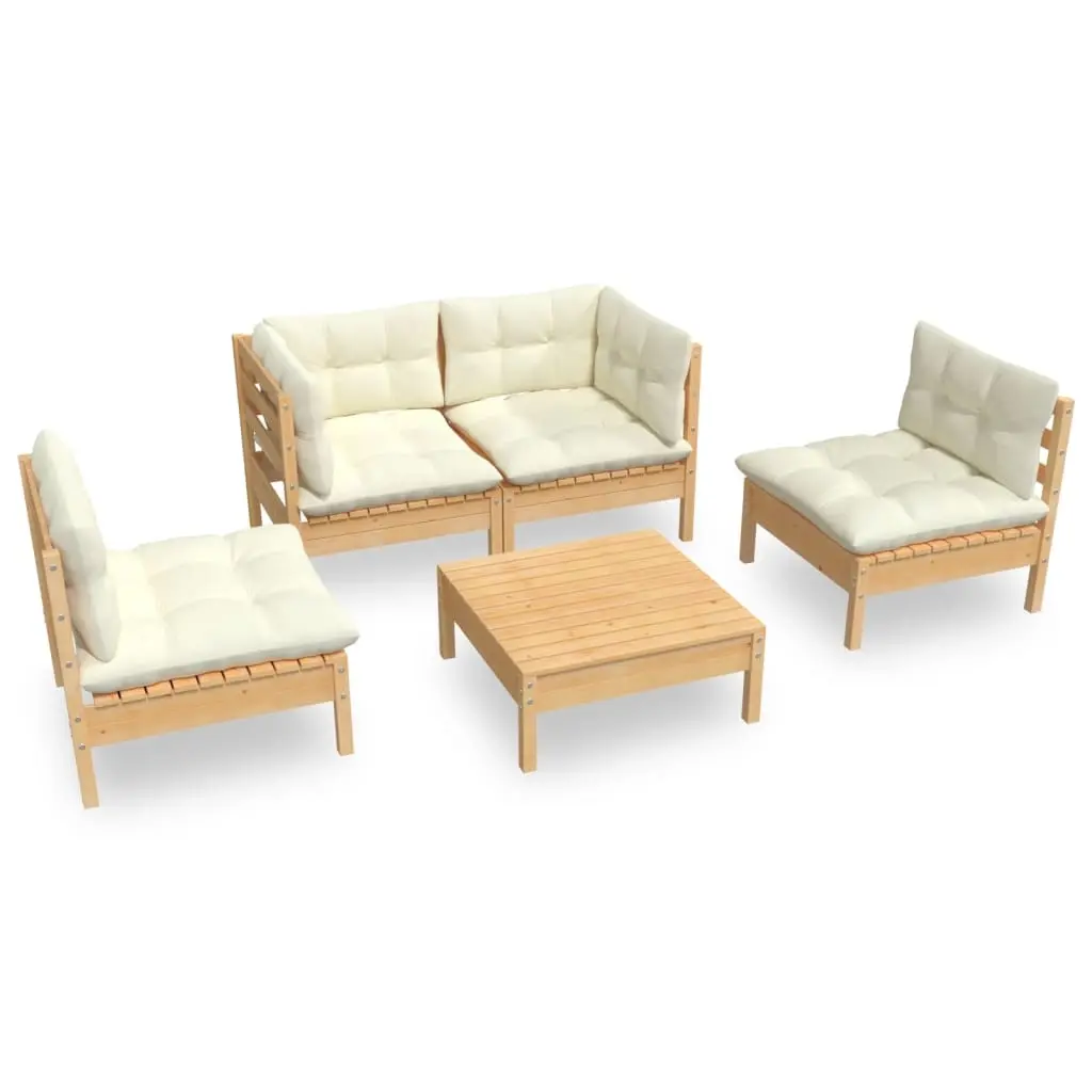 5 Piece Garden Lounge Set with Cream Cushions Solid Pinewood 3096178 - Furniture