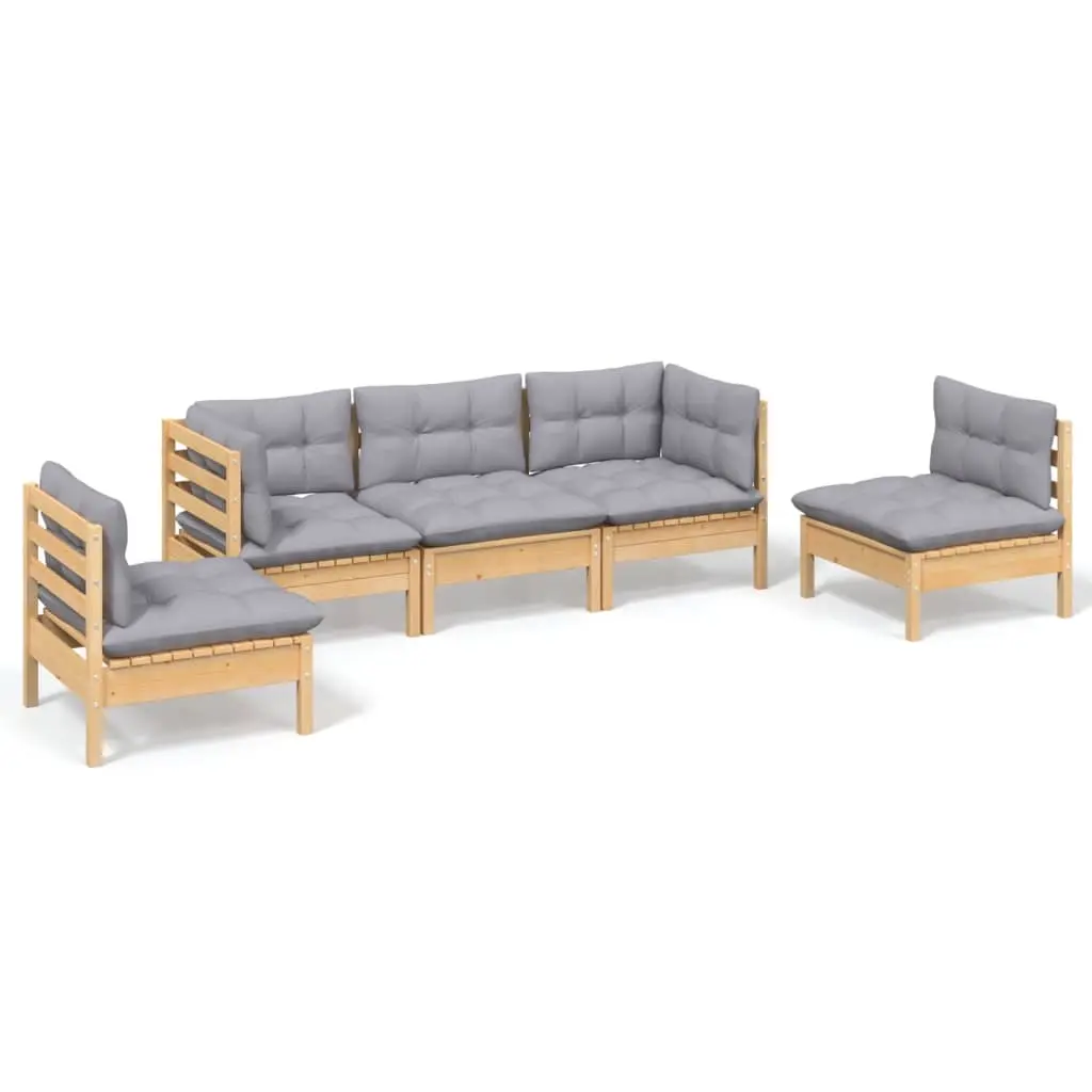 5 Piece Garden Lounge Set with Grey Cushions Solid Pinewood 3096183 - Furniture