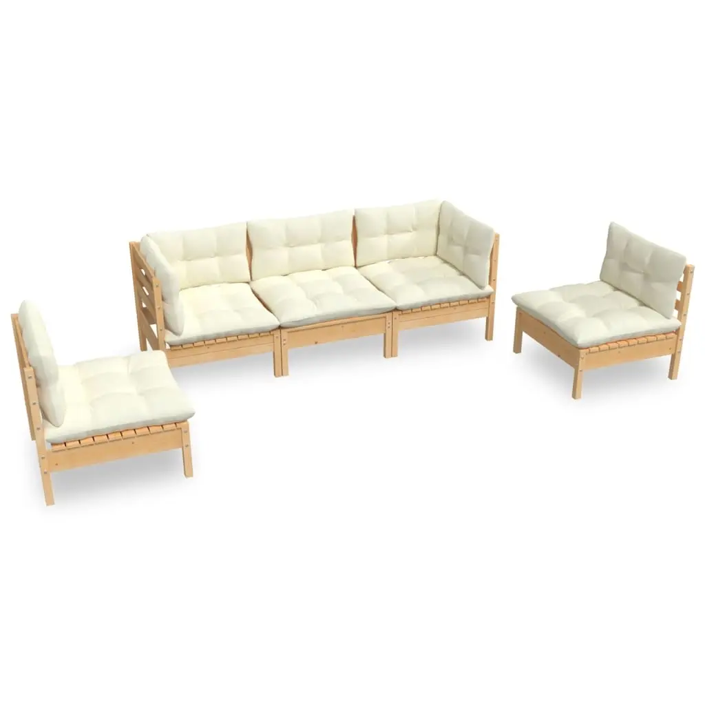 5 Piece Garden Lounge Set with Cream Cushions Solid Pinewood 3096184 - Furniture