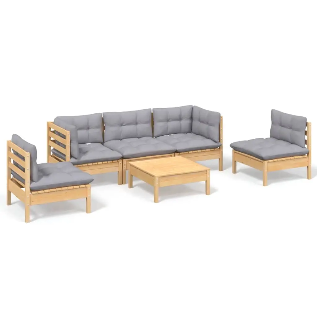 6 Piece Garden Lounge Set with Grey Cushions Solid Pinewood 3096189 - Furniture