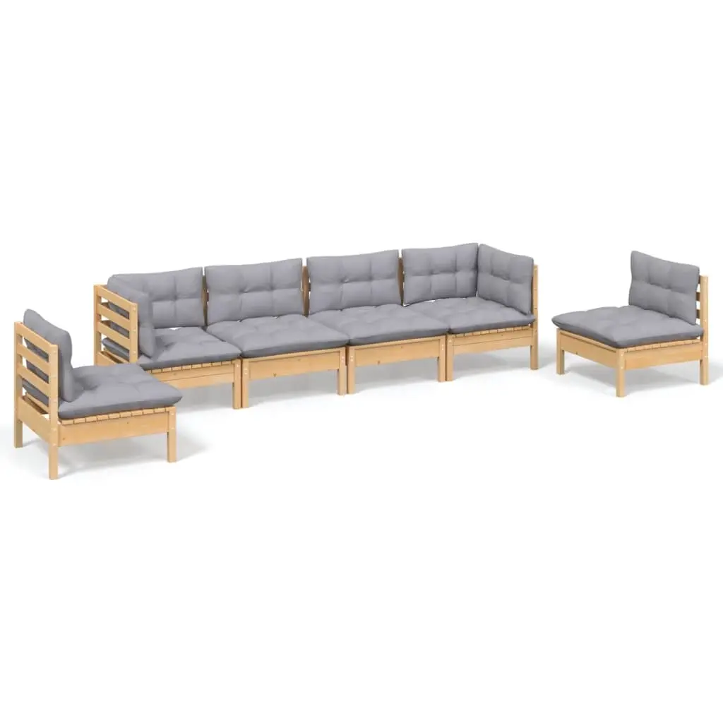 6 Piece Garden Lounge Set with Grey Cushions Solid Pinewood 3096195 - Furniture