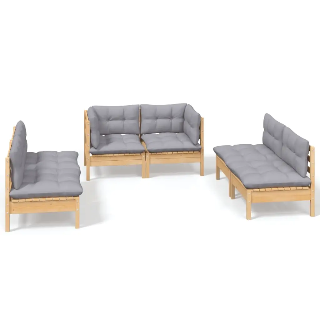 6 Piece Garden Lounge Set with Grey Cushions Solid Pinewood 3096207 - Furniture