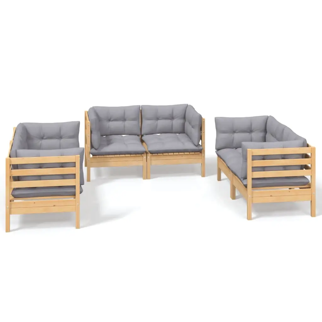 6 Piece Garden Lounge Set with Grey Cushions Solid Pinewood 3096243 - Furniture