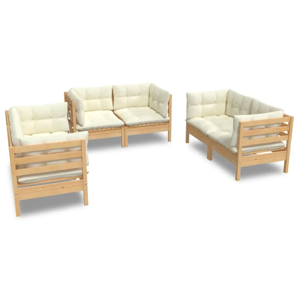 6 Piece Garden Lounge Set with Cream Cushions Solid Pinewood 3096244 - Furniture