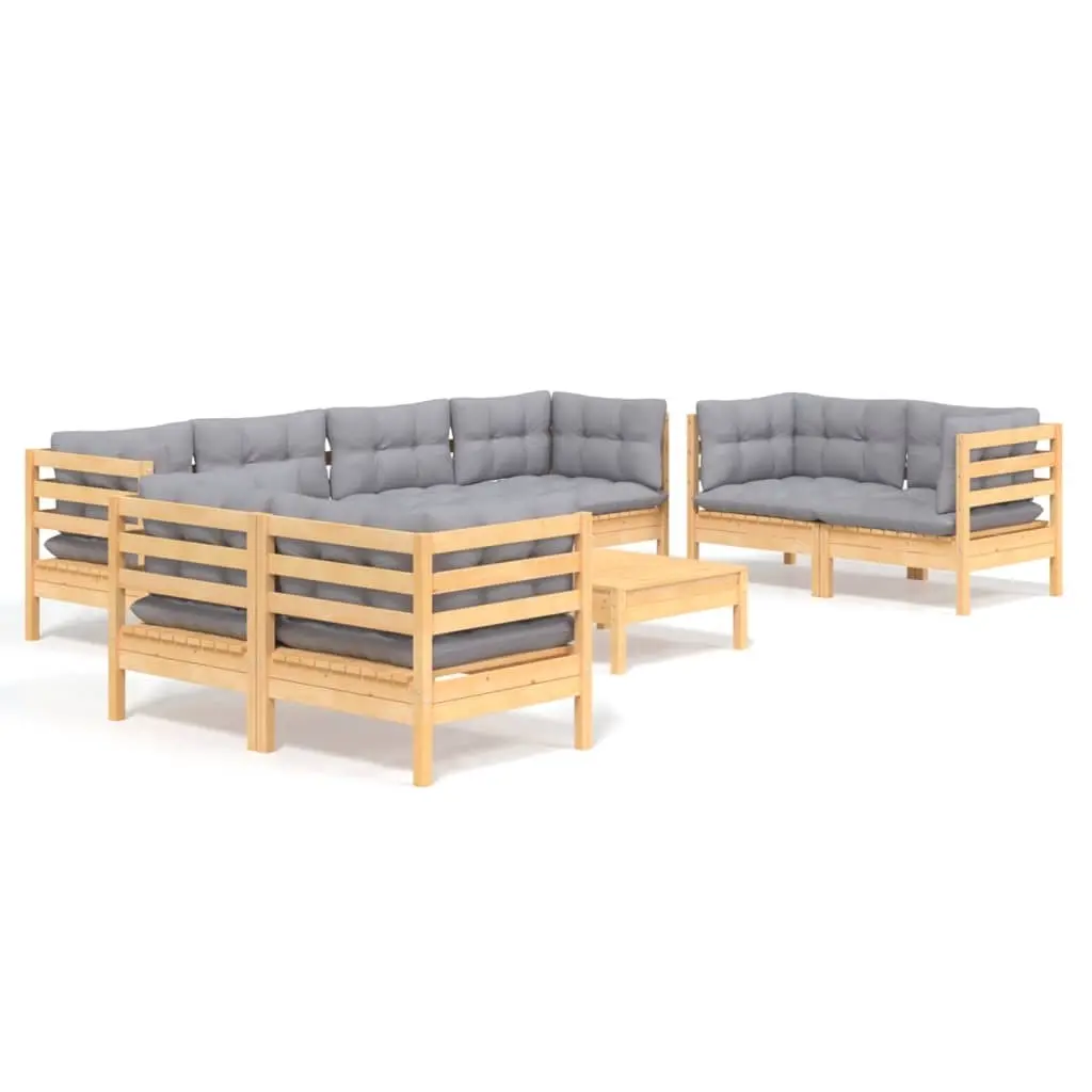 9 Piece Garden Lounge Set with Grey Cushions Solid Pinewood 3096273 - Furniture