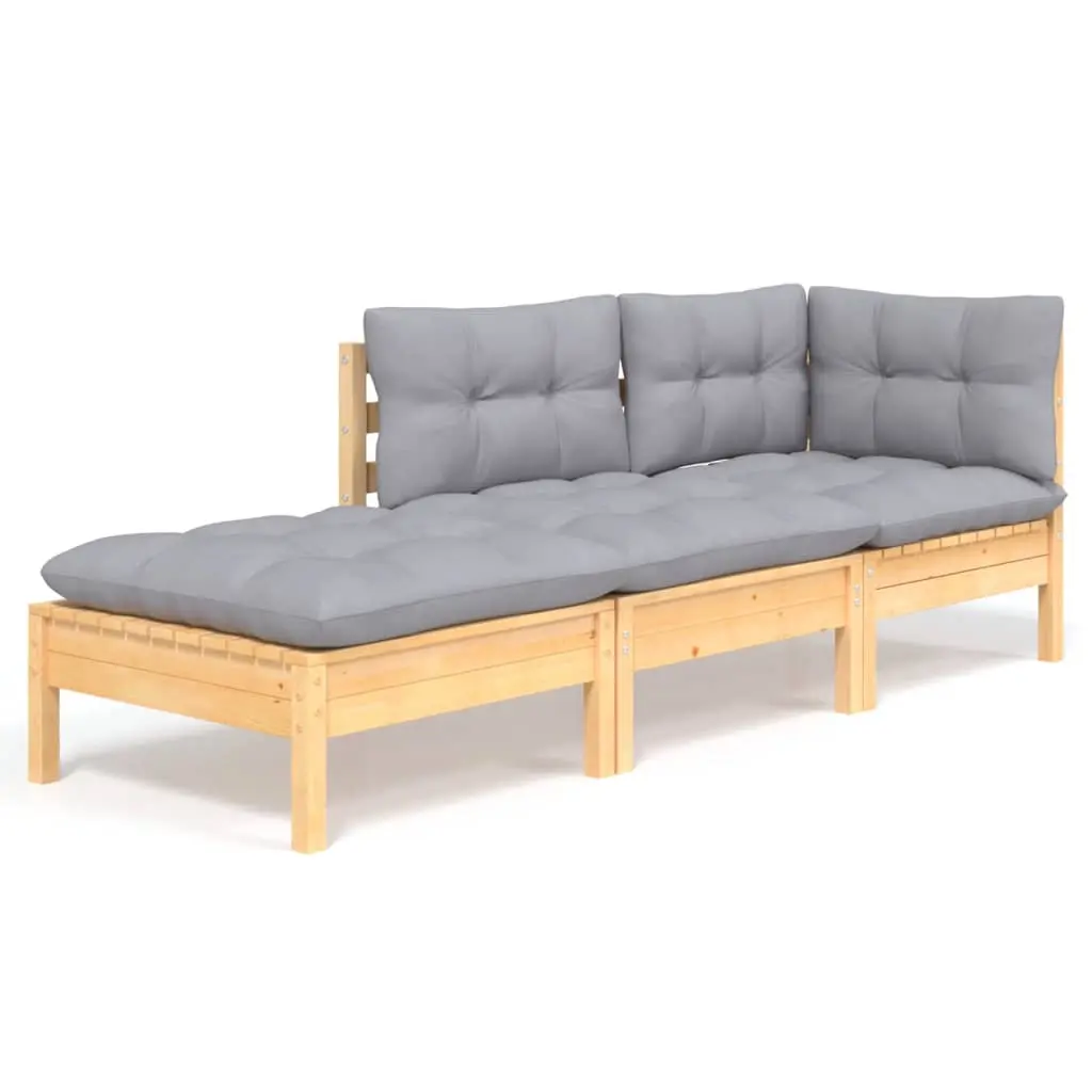 3 Piece Garden Lounge Set with Grey Cushions Solid Wood Pine 3096279 - Furniture