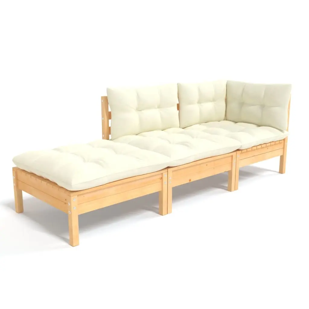 3 Piece Garden Lounge Set with Cream Cushions Solid Wood Pine 3096280 - Furniture