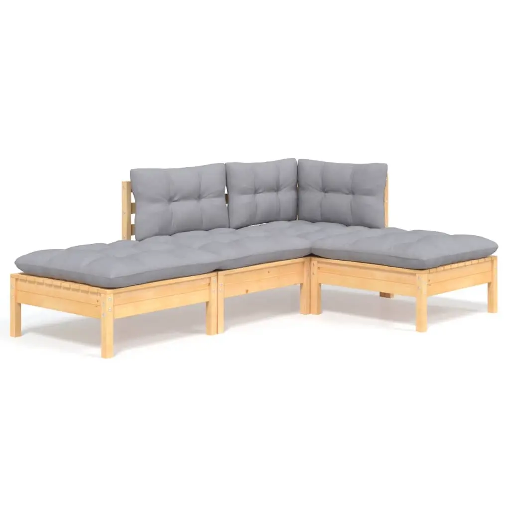 4 Piece Garden Lounge Set with Grey Cushions Solid Pinewood 3096285 - Furniture