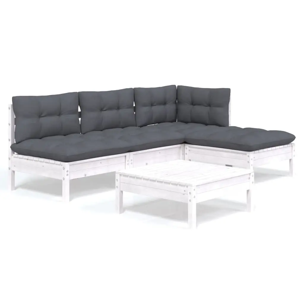 5 Piece Garden Lounge Set with Cushions White Pinewood 3096305 - Furniture