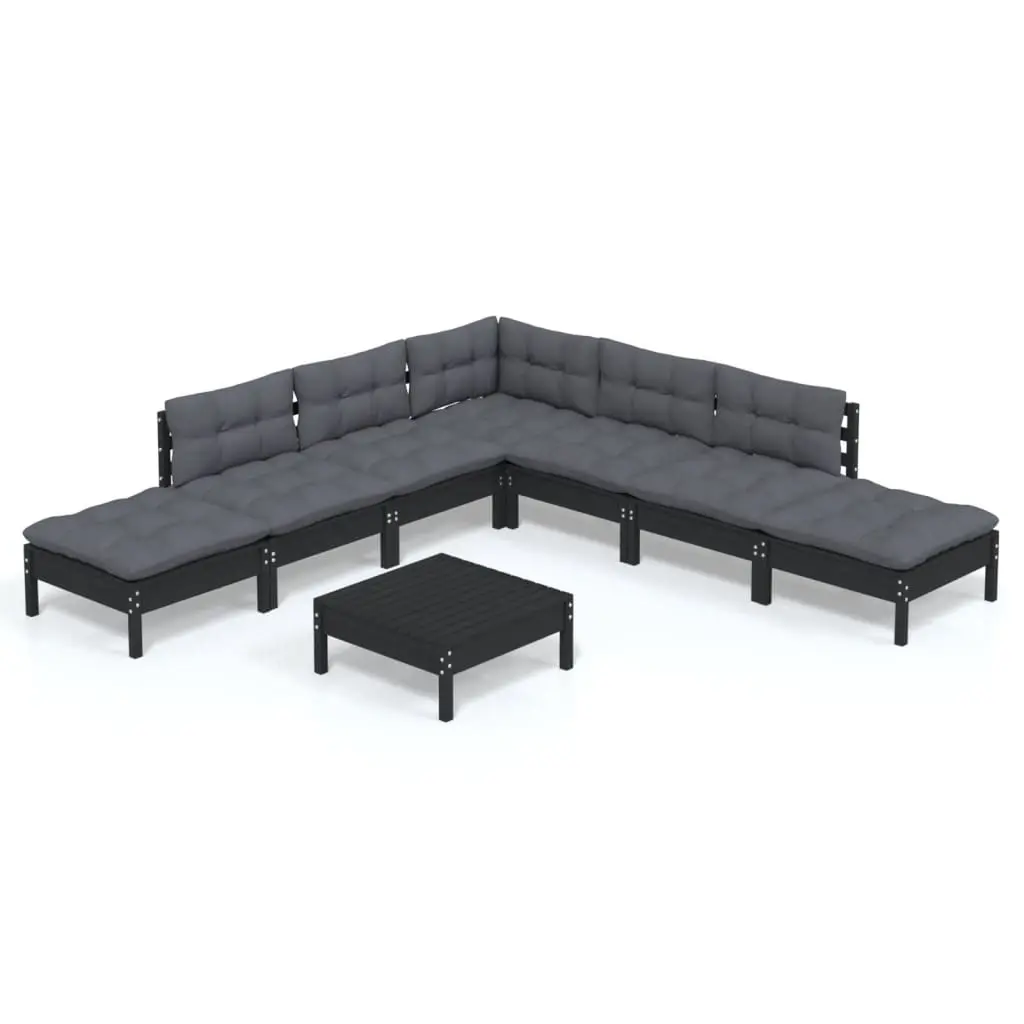 8 Piece Garden Lounge Set with Cushions Black Pinewood 3096332 - Furniture