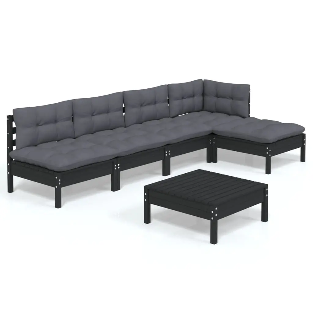 6 Piece Garden Lounge Set with Cushions Black Pinewood 3096344 - Furniture