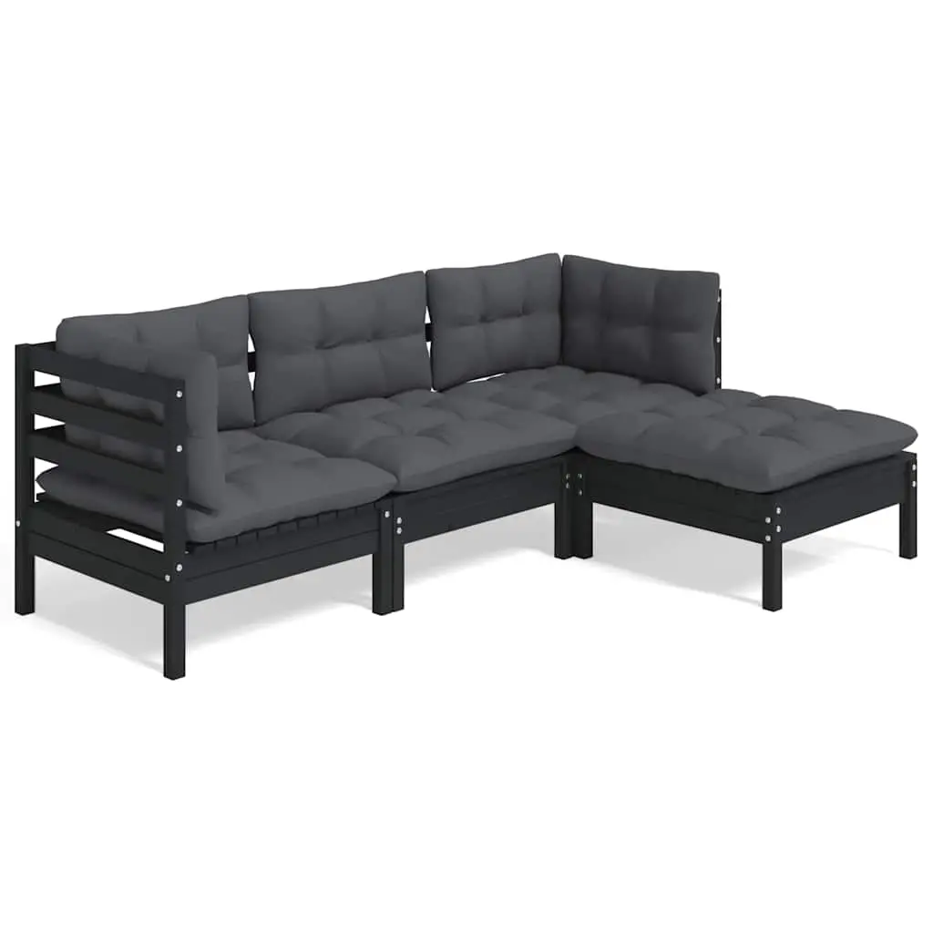 4 Piece Garden Lounge Set with Cushions Black Pinewood 3096350 - Furniture