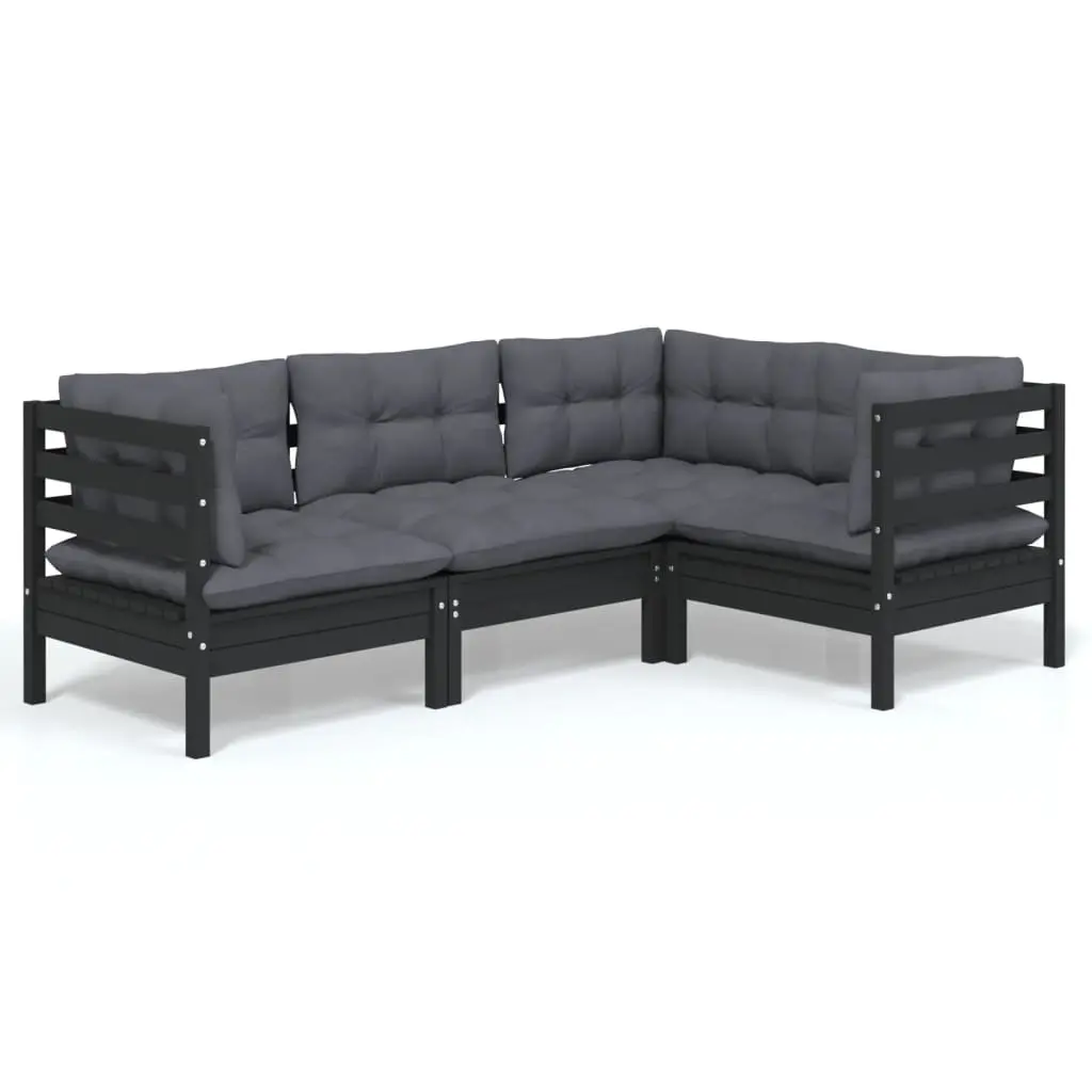 4 Piece Garden Lounge Set with Cushions Black Pinewood 3096374 - Furniture