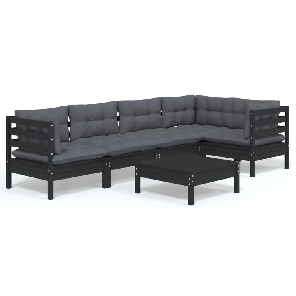 6 Piece Garden Lounge Set with Cushions Black Pinewood 3096392 - Furniture