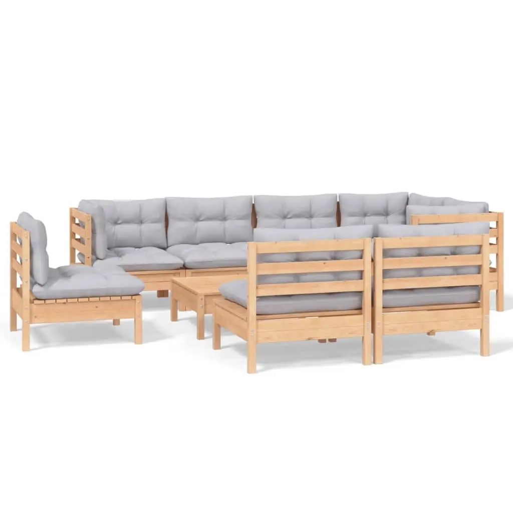9 Piece Garden Lounge Set with Grey Cushions Solid Pinewood 3096471 - Furniture