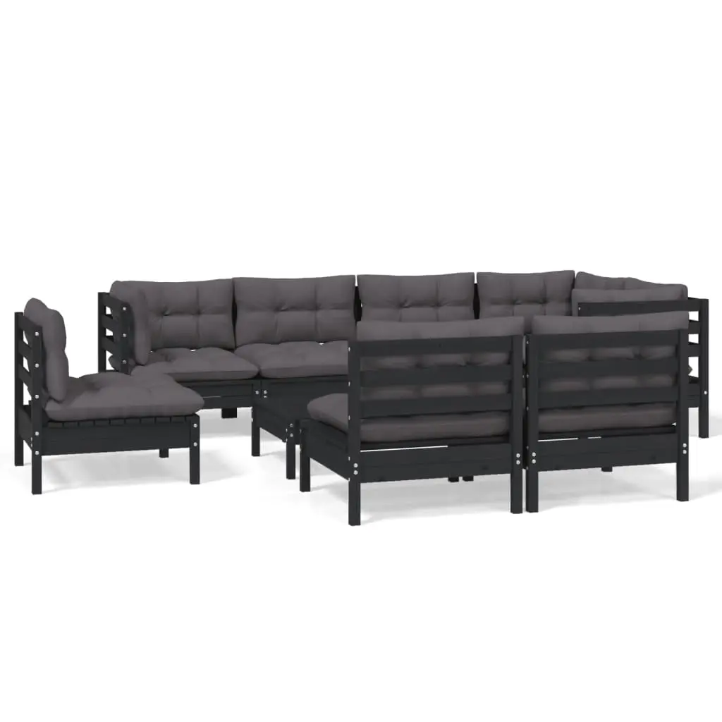 9 Piece Garden Lounge Set with Cushions Black Solid Pinewood 3096476 - Furniture