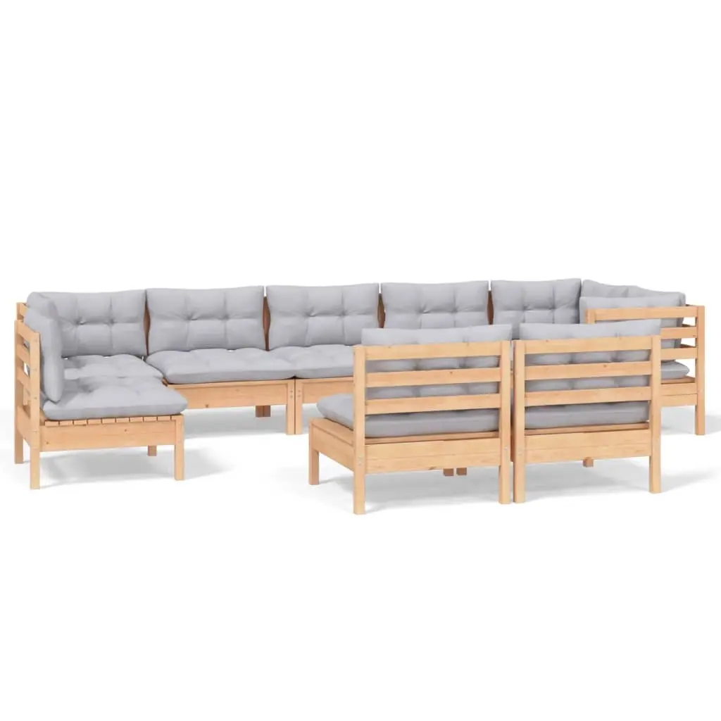 9 Piece Garden Lounge Set with Grey Cushions Solid Pinewood 3096477 - Furniture