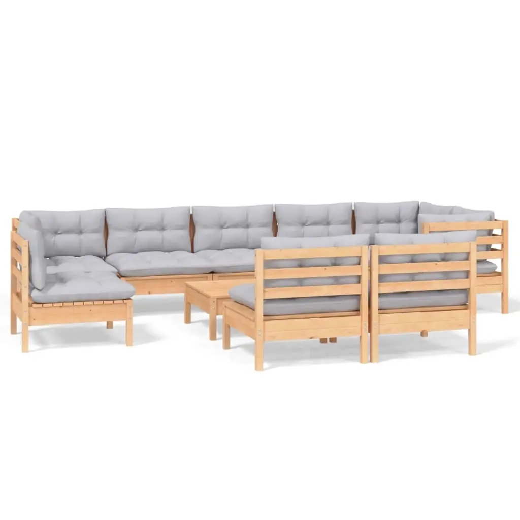 10 Piece Garden Lounge Set with Grey Cushions Solid Pinewood 3096483 - Furniture