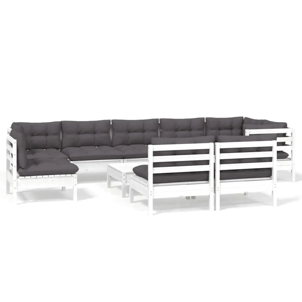 10 Piece Garden Lounge Set with Cushions White Solid Pinewood 3096485 - Furniture