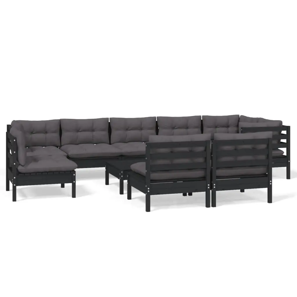 10 Piece Garden Lounge Set with Cushions Black Solid Pinewood 3096488 - Furniture