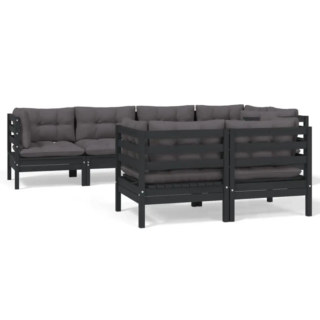 7 Piece Garden Lounge Set with Cushions Black Solid Pinewood 3096494 - Furniture