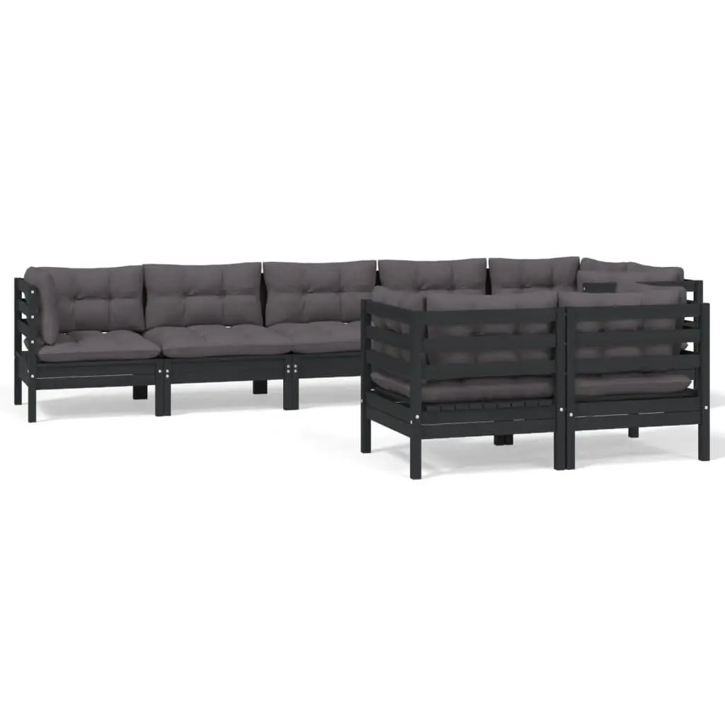 8 Piece Garden Lounge Set with Cushions Black Solid Pinewood 3096506 - Furniture