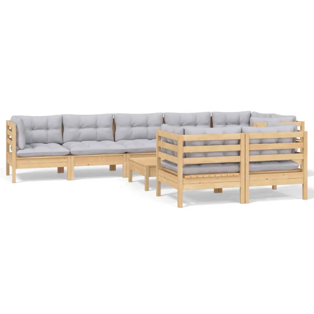 9 Piece Garden Lounge Set with Grey Cushions Solid Pinewood 3096507 - Furniture