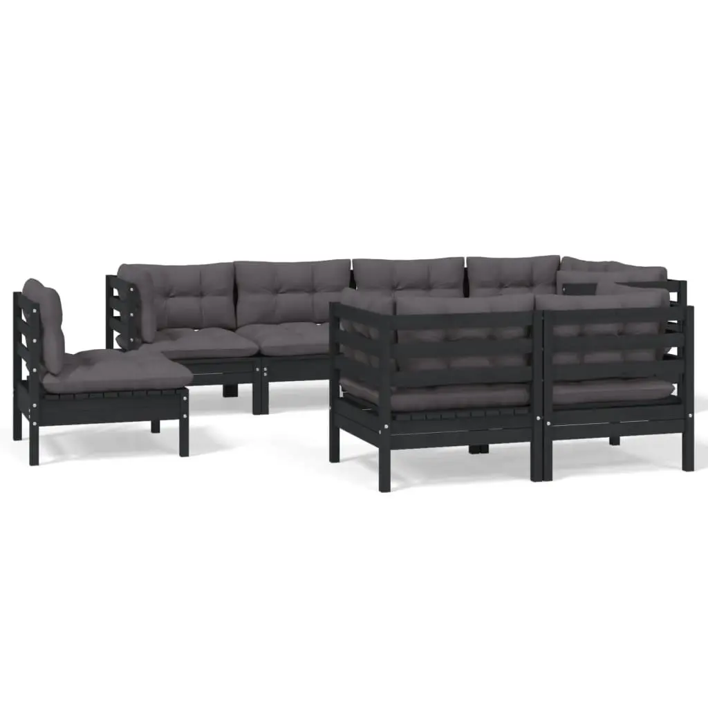 8 Piece Garden Lounge Set with Cushions Black Solid Pinewood 3096518 - Furniture