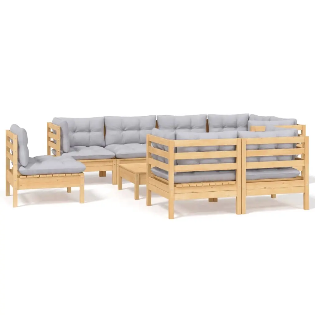 9 Piece Garden Lounge Set with Grey Cushions Solid Pinewood 3096519 - Furniture