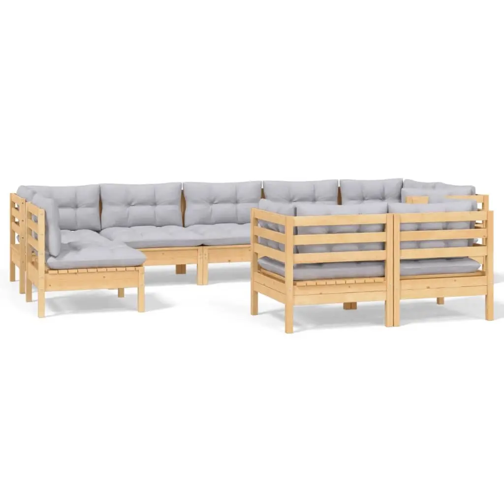9 Piece Garden Lounge Set with Grey Cushions Solid Pinewood 3096525 - Furniture