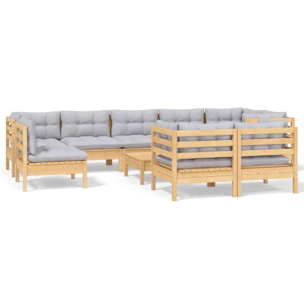 10 Piece Garden Lounge Set with Grey Cushions Solid Pinewood 3096531 - Furniture