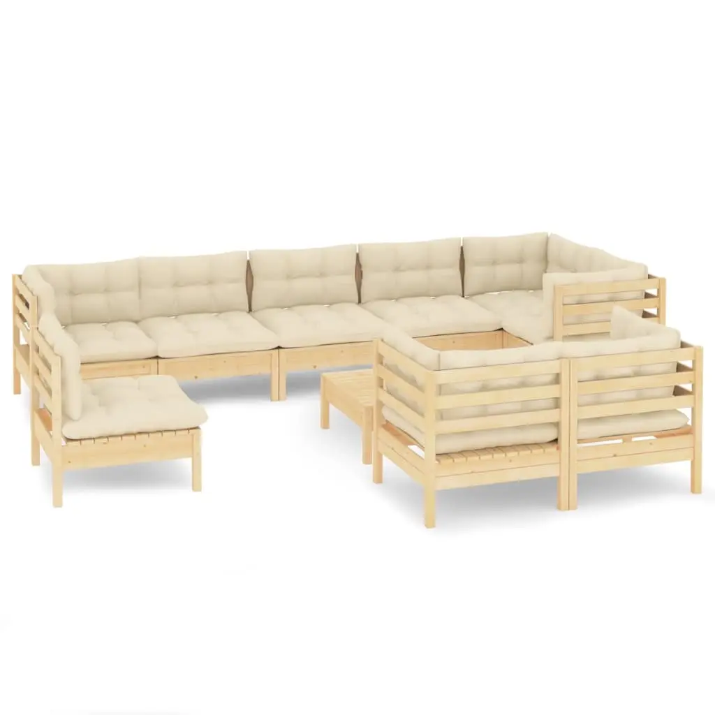 10 Piece Garden Lounge Set with Cream Cushions Solid Pinewood 3096532 - Furniture