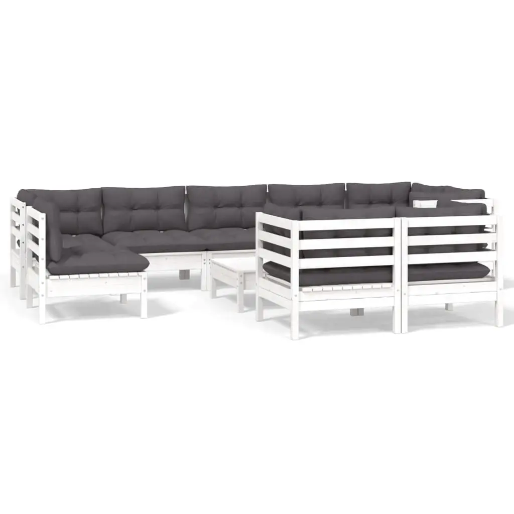 10 Piece Garden Lounge Set with Cushions White Solid Pinewood 3096533 - Furniture