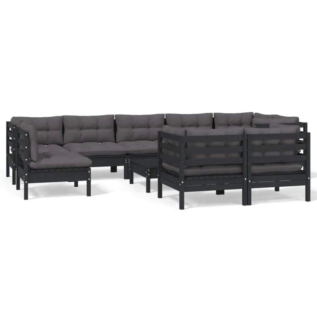 10 Piece Garden Lounge Set with Cushions Black Solid Pinewood 3096536 - Furniture