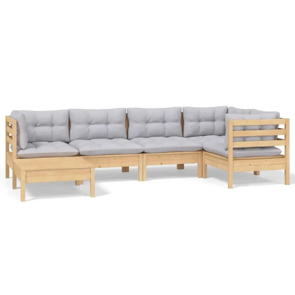 6 Piece Garden Lounge Set with Grey Cushions Solid Pinewood 3096537 - Furniture
