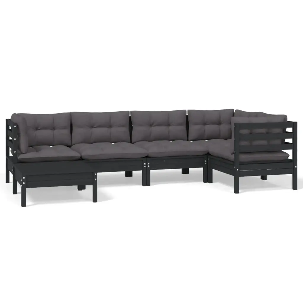 6 Piece Garden Lounge Set with Cushions Black Solid Pinewood 3096542 - Furniture